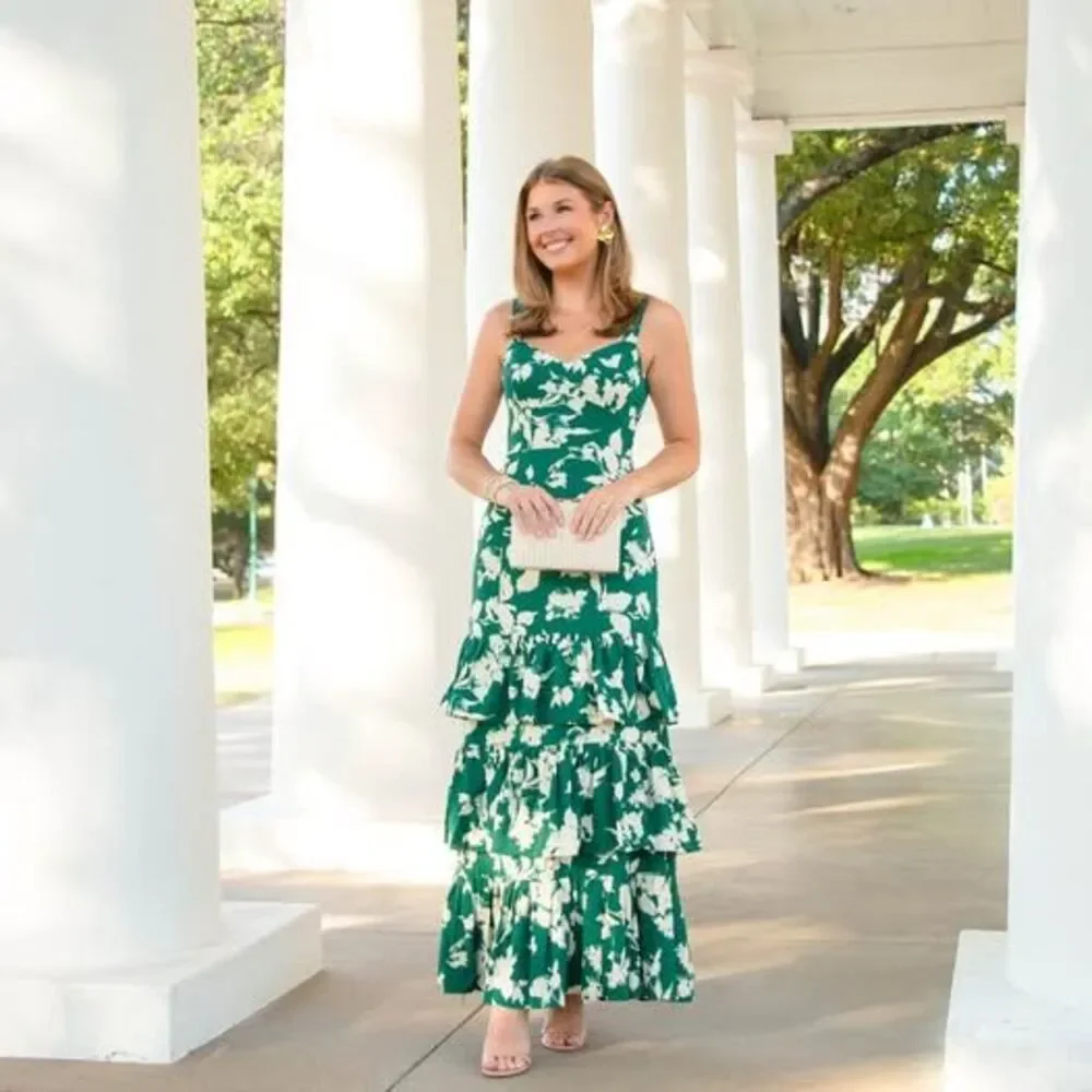 Abercrombie Ruffle Tiered Maxi Dress Size XS Floral Green Spring Wedding